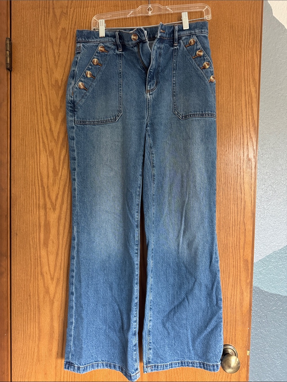 LOFT Medium Blue Flare Jeans with Brass Accent Buttons